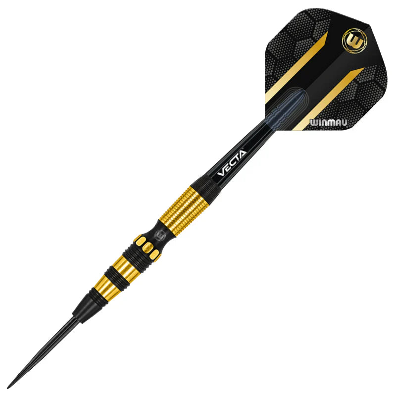 Angled view of single 90% tungsten dart with gold and black grip, precision tip, and patterned flight on white background