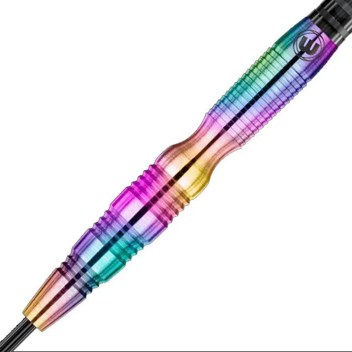 Close-up of Simon Whitlock Rainbow SE dart barrel showing 90% tungsten grip texture and vibrant rainbow finish