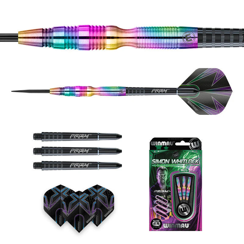 Rainbow tungsten darts set with close-up barrel, full dart profile, extra shafts, flights, and retail packaging on white background