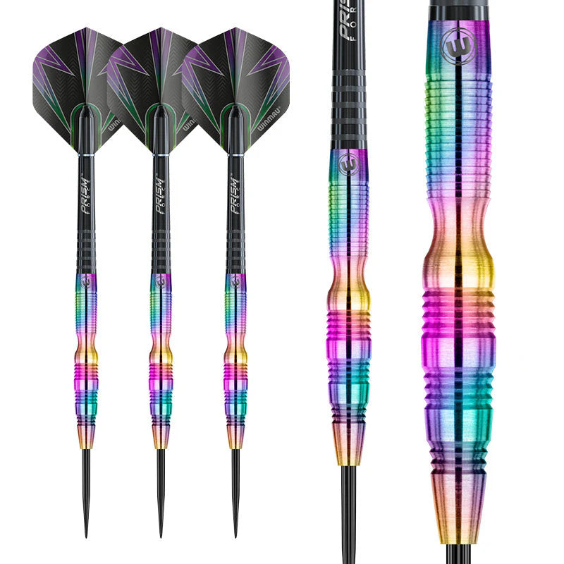 Set of three rainbow tungsten darts plus a close-up of textured barrel grip, showing grooved details and vibrant finish.