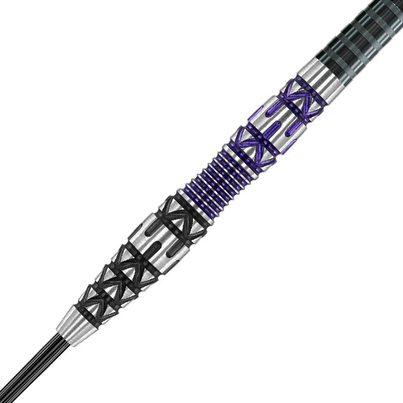 Close-up of Simon Whitlock Special Edition tungsten dart barrel showing precision grip rings and colored geometric engraving