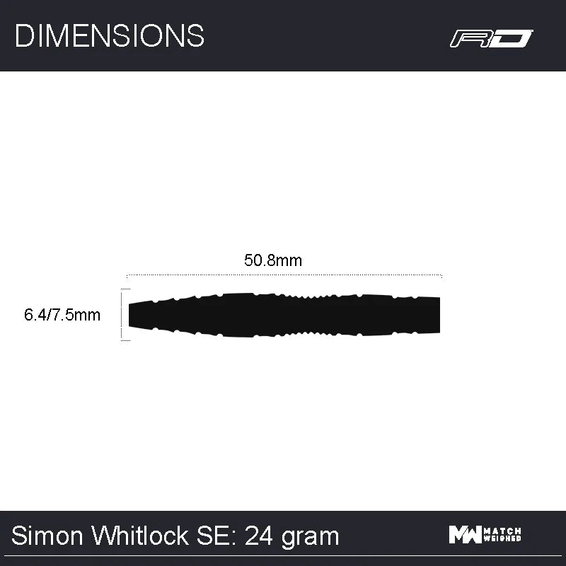 Simon Whitlock SE tungsten dart barrel side profile with 50.8mm length and 6.4/7.5mm diameter dimension scale