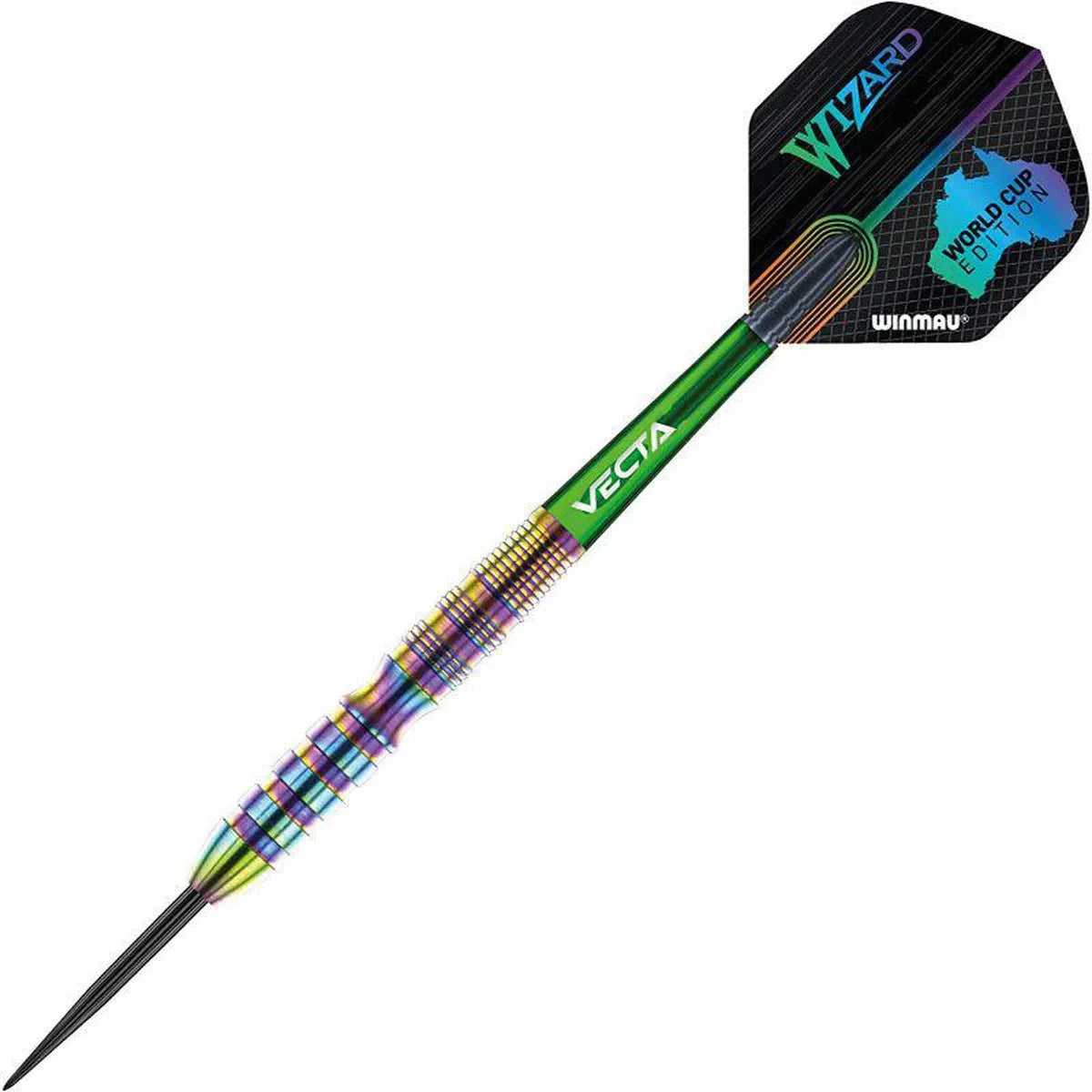 Angled full view of Simon Whitlock World Cup 90% tungsten dart with rainbow barrel, Vecta shaft, and special edition flight on white background