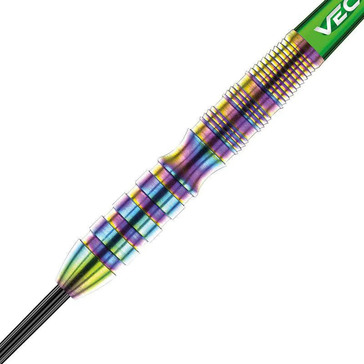 Close-up of tungsten dart barrel with rainbow titanium coating and detailed grip grooves on white background