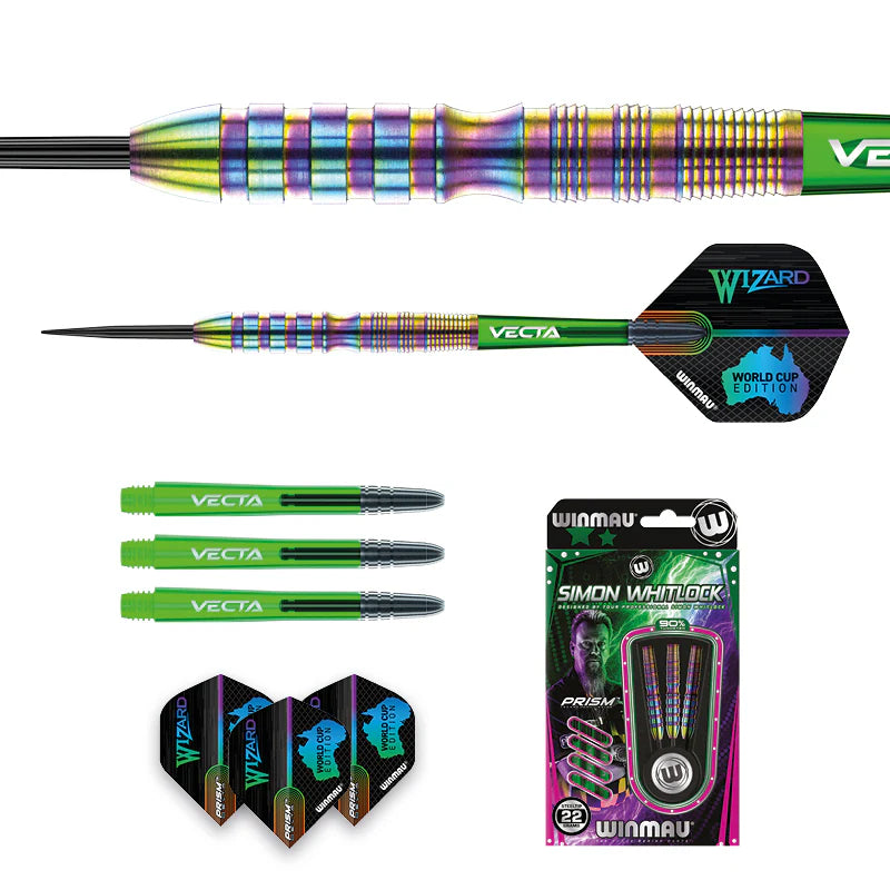 Simon Whitlock 90% tungsten darts set with close-up barrel texture, green shafts, World Cup Edition flights, and retail packaging on white background