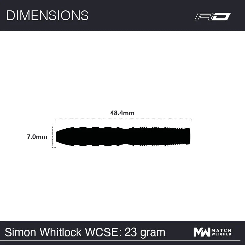 Dart barrel technical diagram showing 48.4mm length and 7.0mm diameter for Simon Whitlock 23g tungsten darts