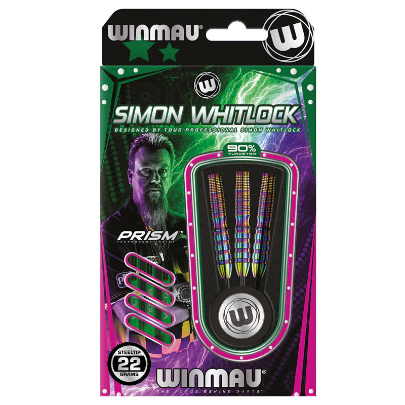90% tungsten steel tip darts set in retail packaging, three rainbow grip barrels, 22 grams, flights included, display box