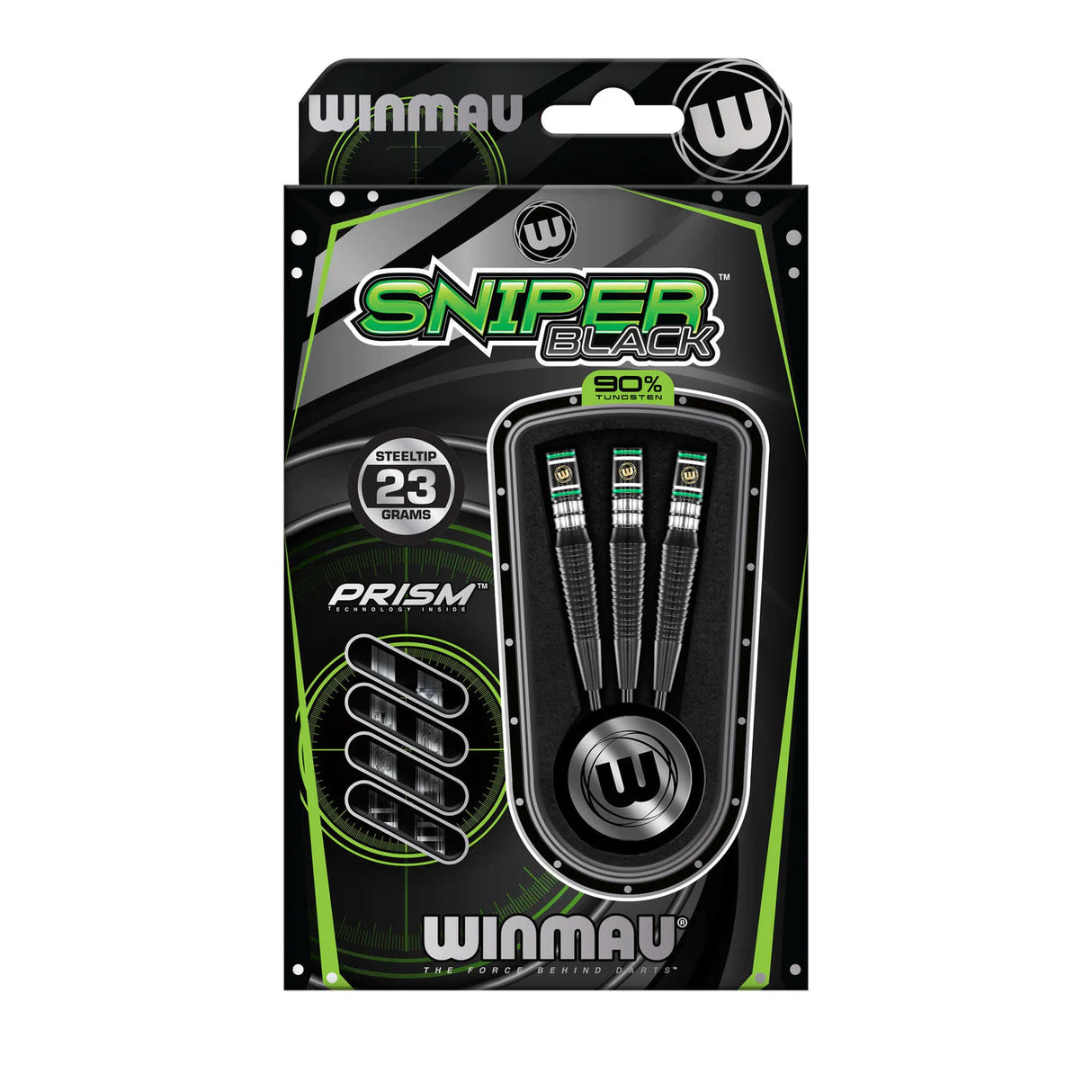 Sniper Black 90% tungsten steeltip darts in packaging, full product view with three darts and replacement shafts displayed