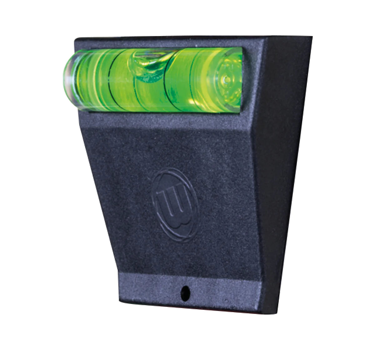 Angled view of dartboard spirit level tool with bright green bubble vial for aligning steel tip or electronic dartboards