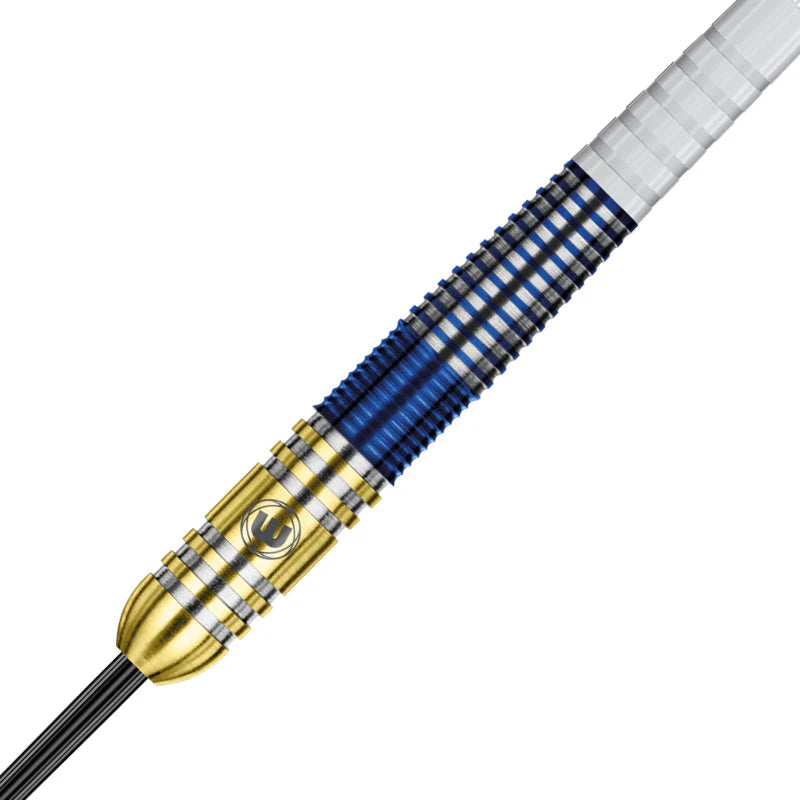 Close-up of tungsten dart barrel with blue and gold titanium nitride coating and precision grip texture, isolated on white background