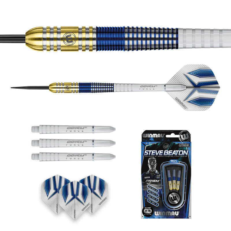 Steve Beaton 90% tungsten darts set with close-up barrel detail, full dart, spare shafts, extra flights, and retail packaging on white background