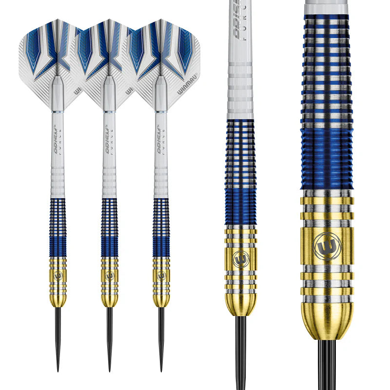 Three Steve Beaton 90% tungsten darts in full view with gold and blue titanium nitride coating and one close-up of barrel grip texture