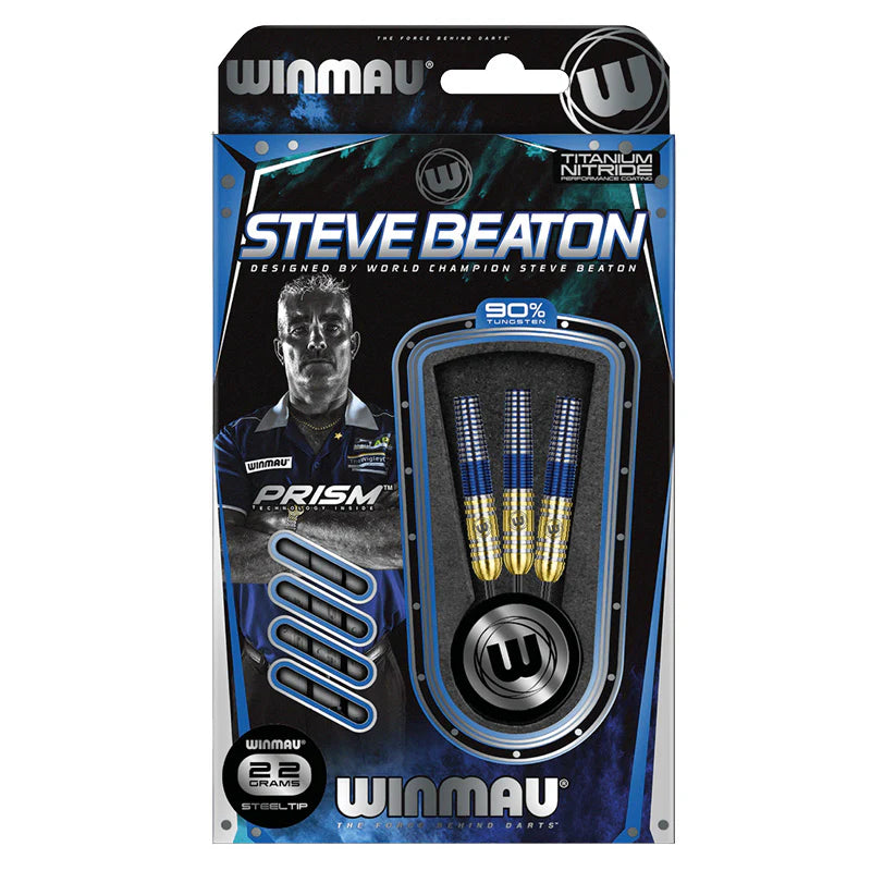 Steel-tip darts set with 90% tungsten gold and blue barrels in branded packaging, full retail display