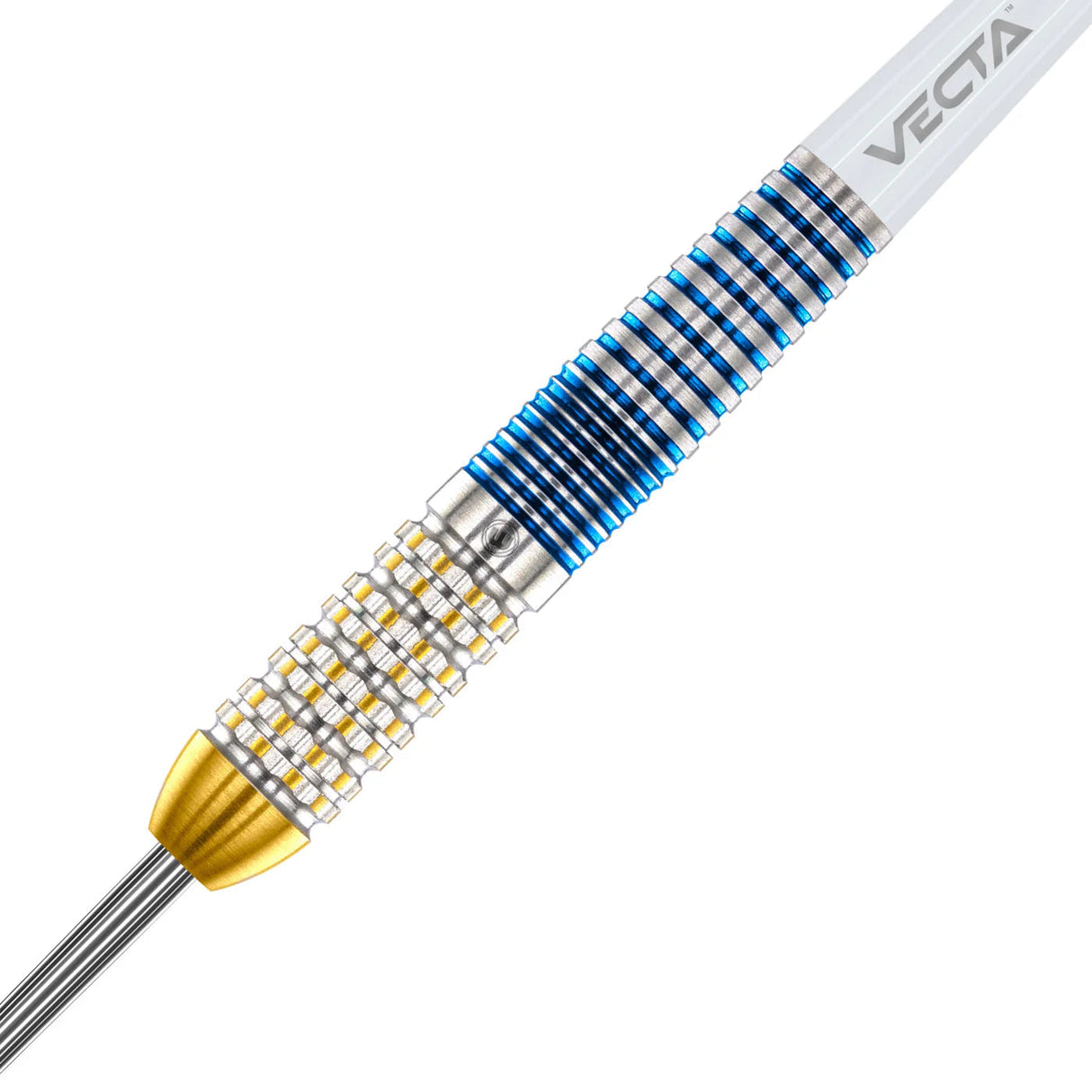 Macro view of 90% tungsten dart barrel highlighting precision grip, blue rings, and gold nose for enhanced dart control