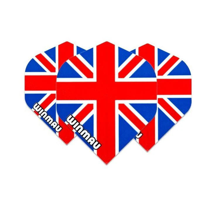 Three Union Jack standard dart flights arranged overlapping, full product view on white background showing flight shape and flag design