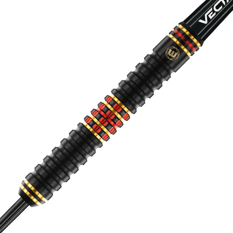 Macro shot of tungsten dart barrel with precision grip rings and red-gold detailing, isolated on white background