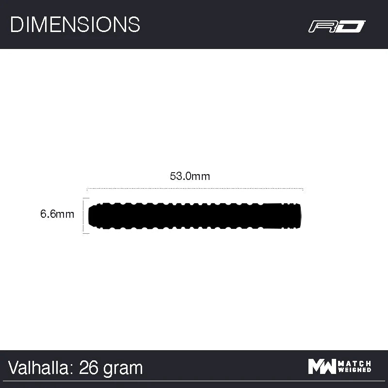 Dart barrel side view with 53mm length and 6.6mm diameter dimensions, isolated for precise tungsten darts sizing