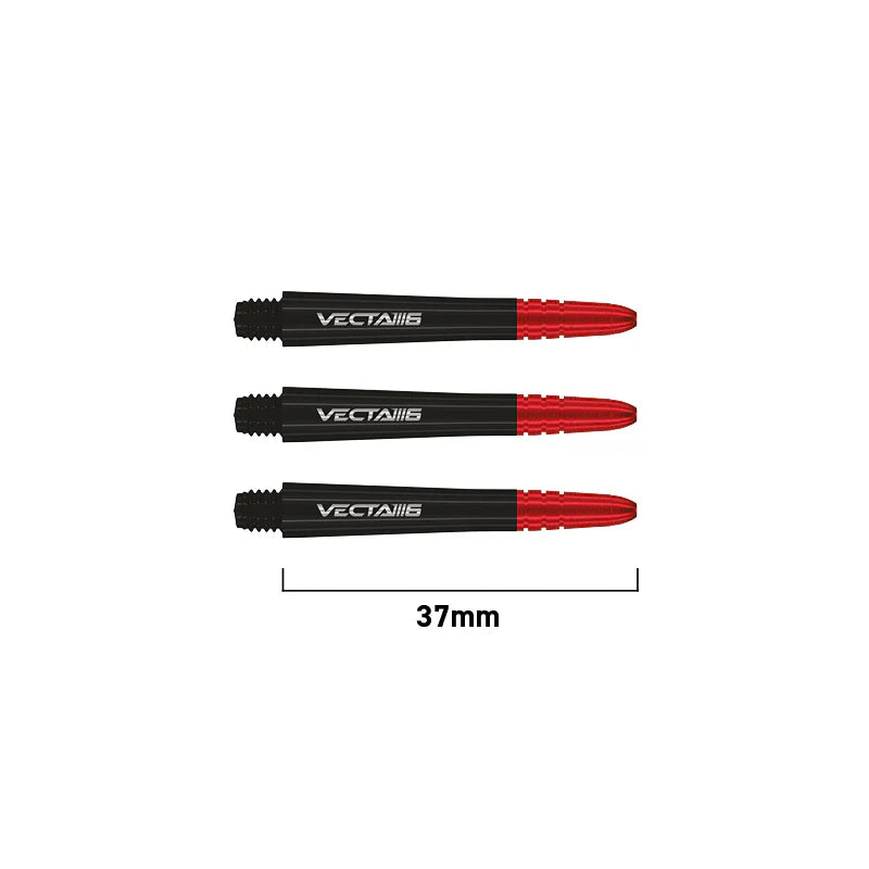 Set of three 37mm Vecta Blade 6 dart shafts in black and red, full view with length scale, shown on white background