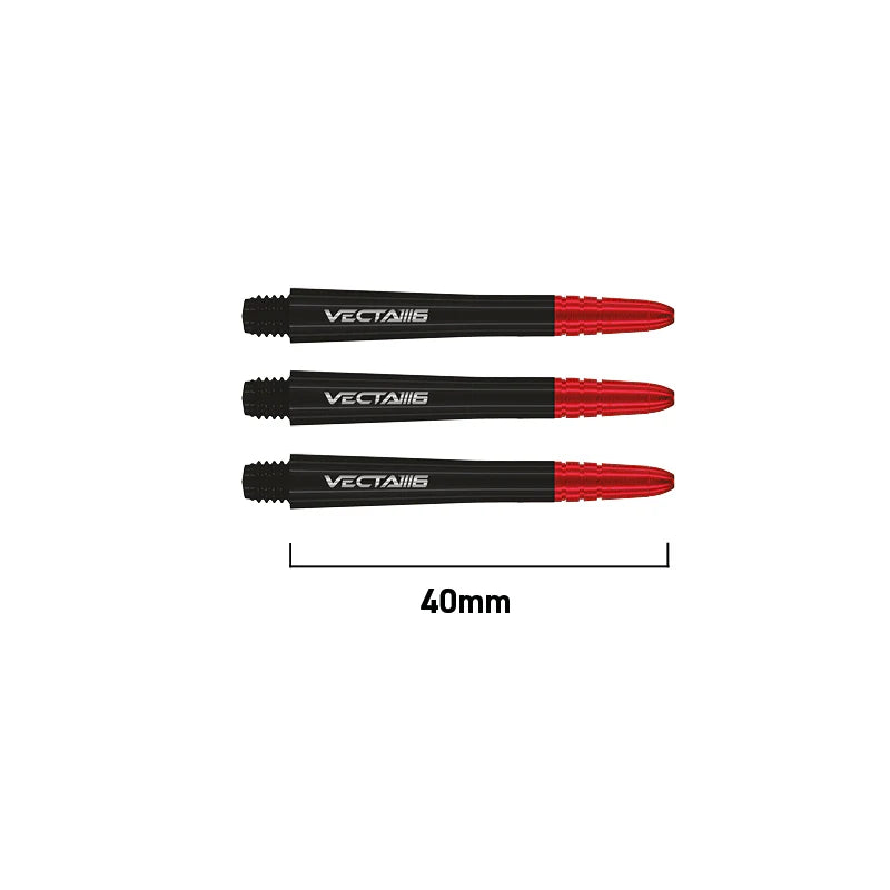 Three 40mm black and red dart shafts top-down on white background with length scale, highlighting composite shaft design