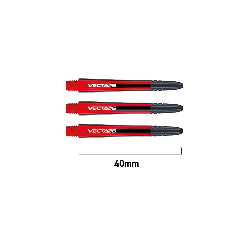 Three red and black dart shafts with 40mm length scale, full view on white background, threaded ends and composite construction