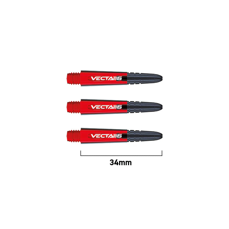 Red and black dart shafts arranged side by side with 34mm length measurement, polycarbonate and aluminum features visible