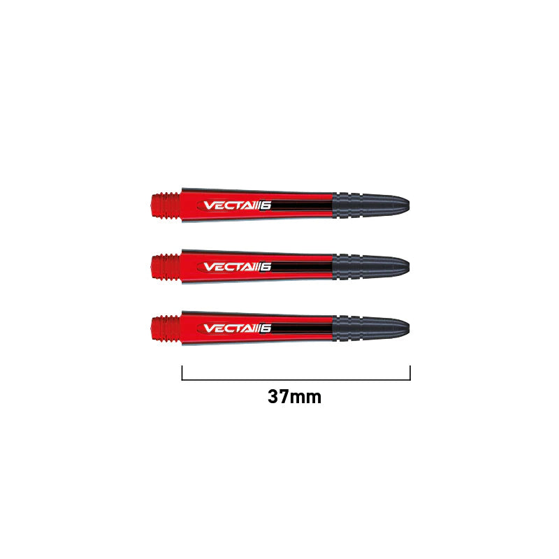 Set of three red and black Vecta Blade 6 dart shafts, 37mm length, top-down view with size reference, ideal for customizing darts