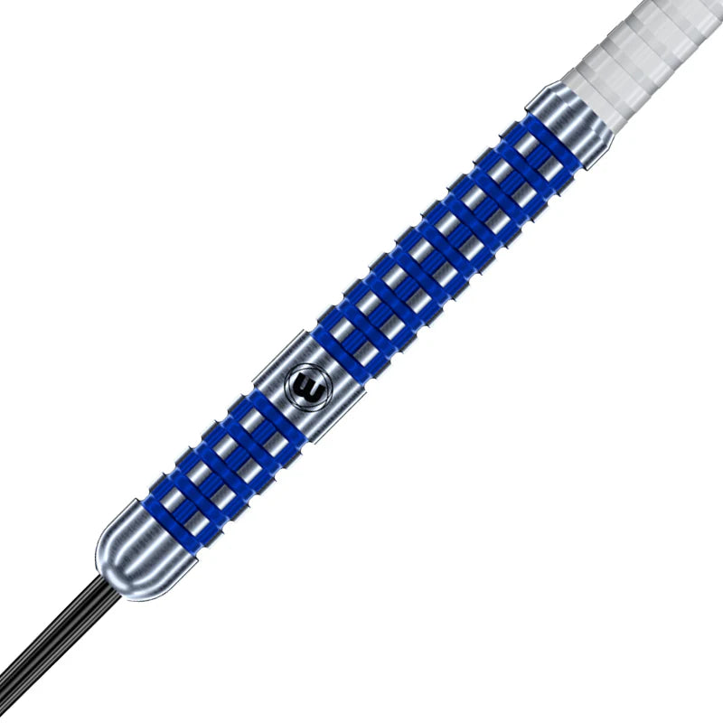 Macro close-up of tungsten dart barrel with blue grooved grip and knurled pattern, isolated on white background