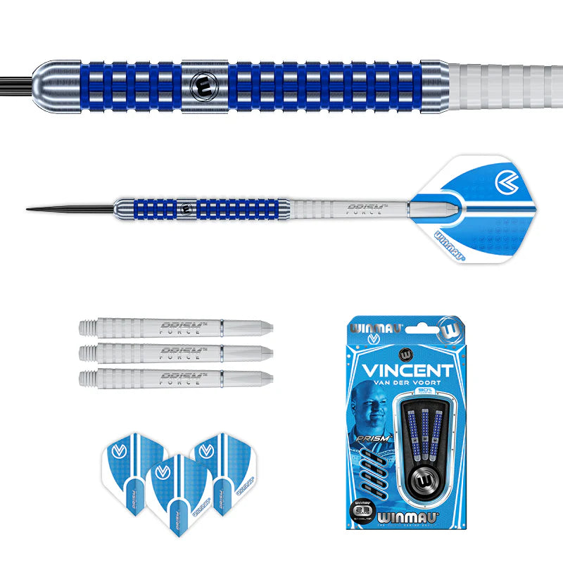 Vincent Van Der Voort 90% tungsten darts set with blue grip detail, full dart view, spare shafts, flights, and retail packaging on white background