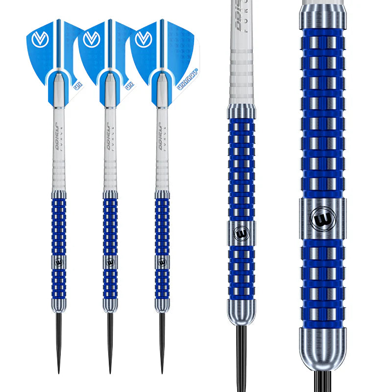 Three tungsten darts with blue grooves, white shafts, signature blue flights, plus close-up showing detailed barrel grip design.