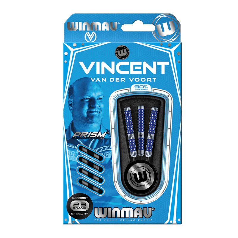 Vincent Van Der Voort 90 percent tungsten darts set in retail packaging with blue grip barrels and extra shafts, 23g steel tip