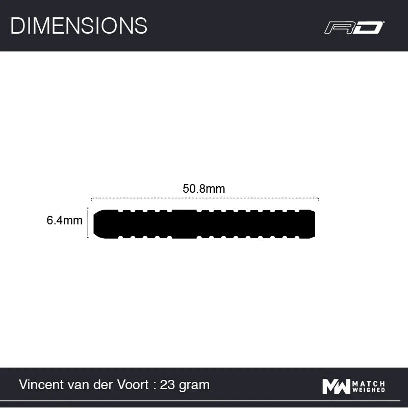 Top-down view dart barrel silhouette with 50.8mm length and 6.4mm diameter measurements for tungsten darts