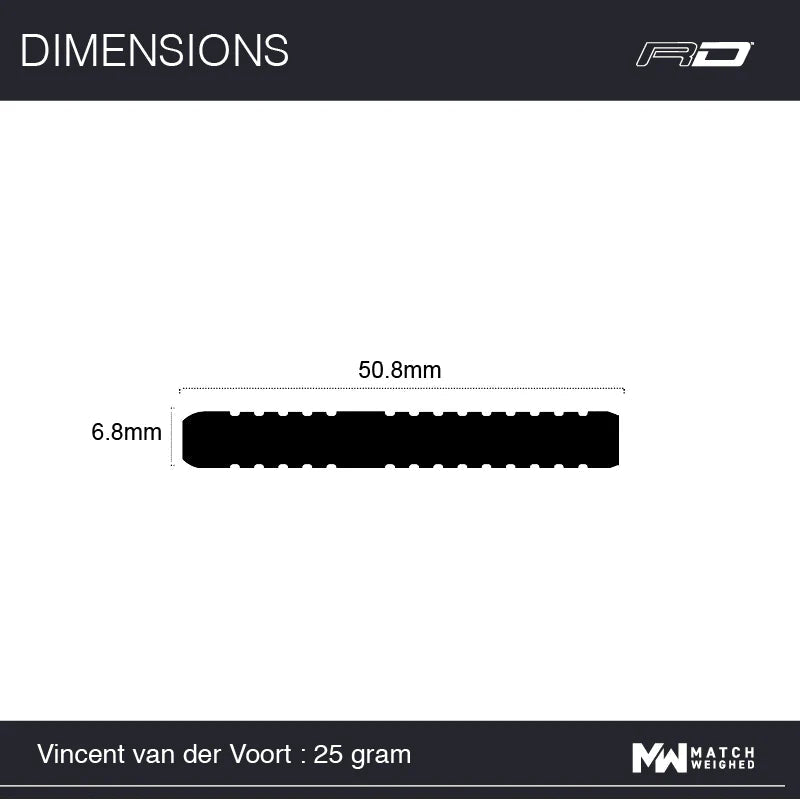 Side view showing dart barrel dimensions 50.8mm x 6.8mm, scale reference for tungsten dart buyers