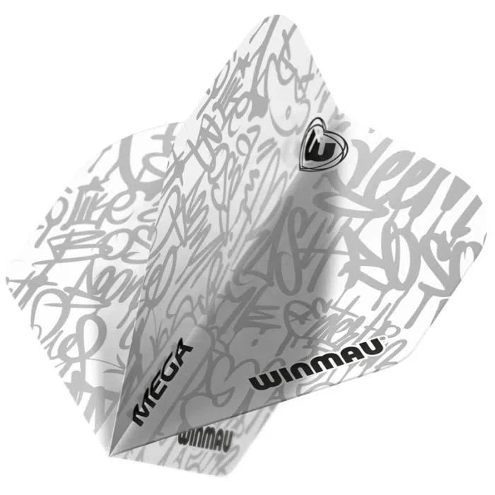 Close-up angled view of white mega standard dart flight with graffiti-style design, highlighting pattern and 75 micron thickness.