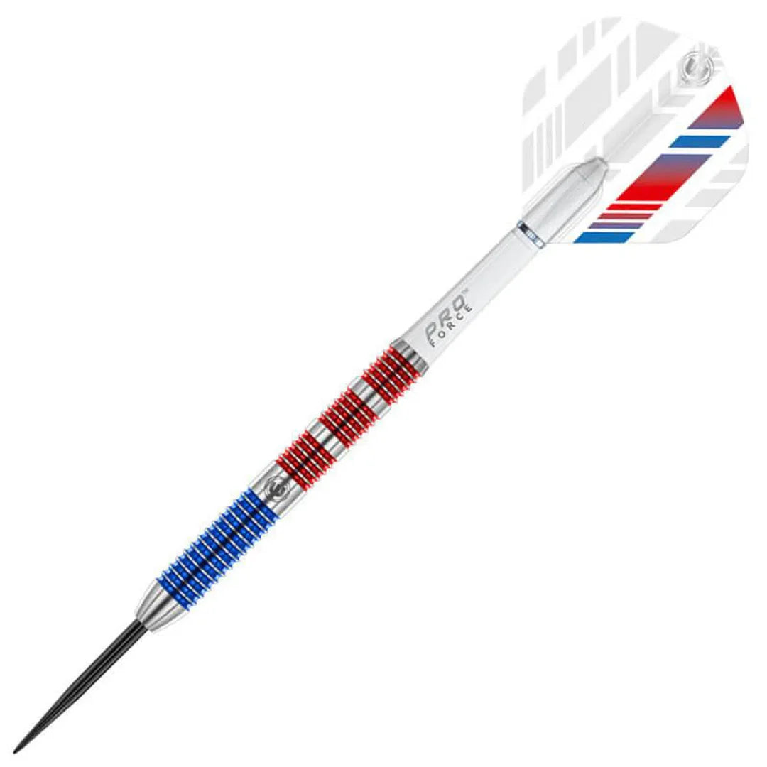 Angled full view tungsten dart isolated on white, red and blue knurled grip, detailed flights, professional dart equipment