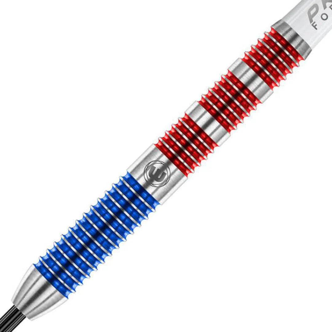 Close-up of Winmau Wildcats dart barrel showing dual color grip rings, tungsten finish, and engraved logo, isolated on white