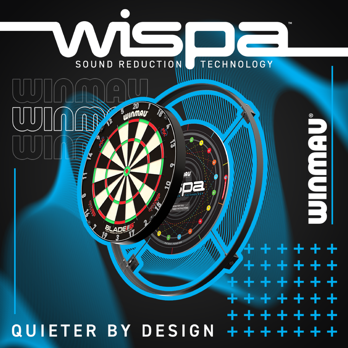 Exploded angled view of dartboard with sound reduction system layers, highlighting quieter dart equipment setup.