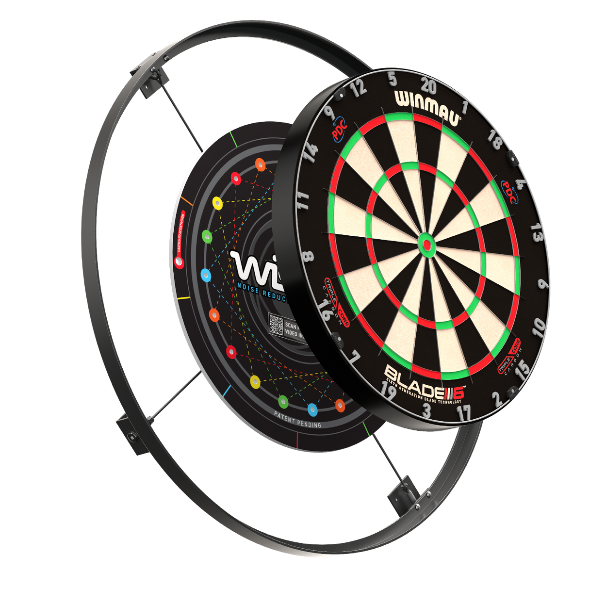 Exploded angled view of dartboard with sound reduction ring and back panel, displaying key noise dampening system parts for darts setup