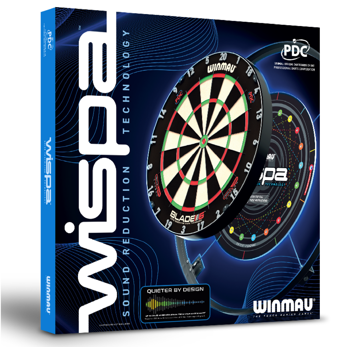 Angled view of Wispa sound reduction system retail box with dartboard graphic for quieter darts play