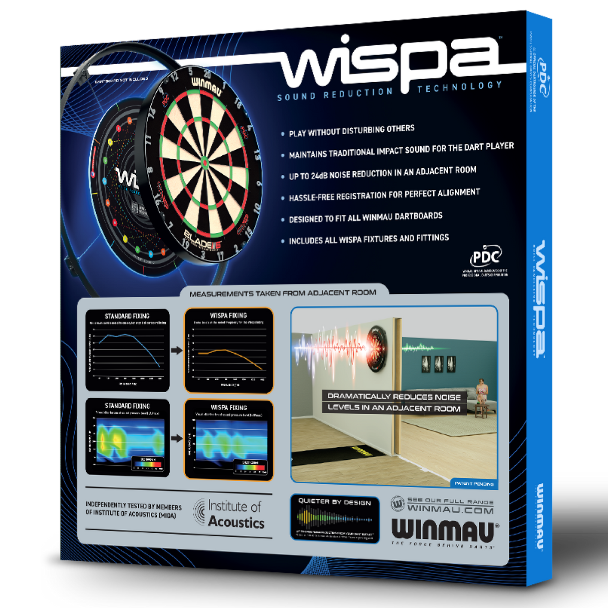 Wispa Sound Reduction System retail box in angled view showing dartboard compatibility, noise reduction graphs, and lifestyle demonstration