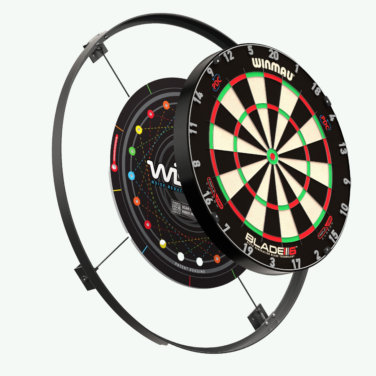 Angled exploded view of dartboard and noise reduction ring components, showing sound dampener for quieter darts setup