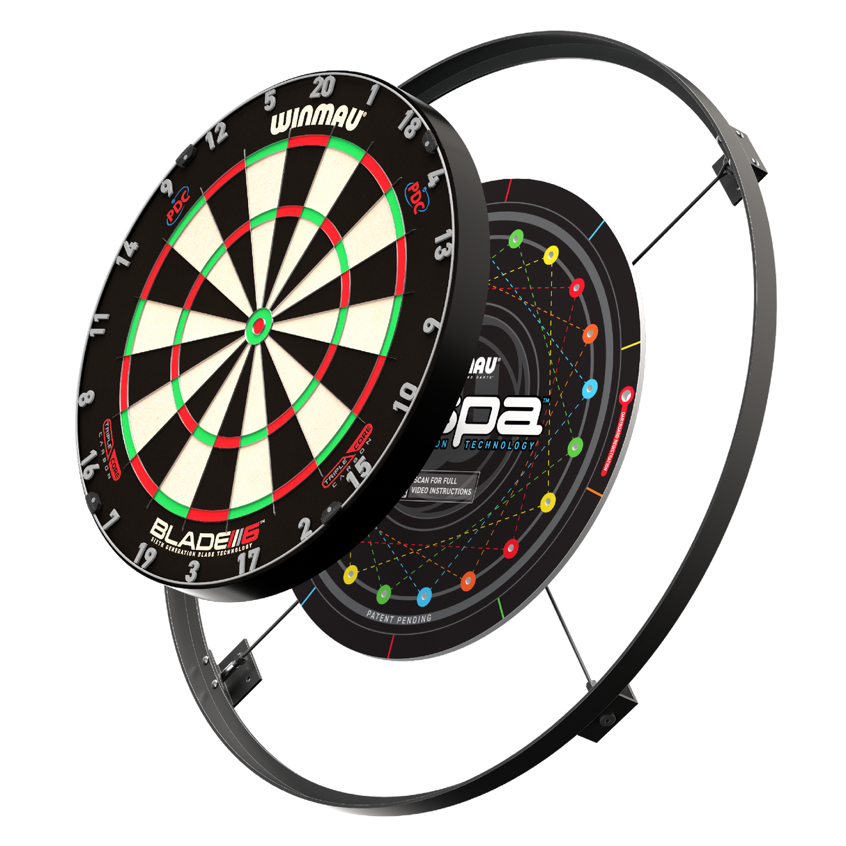 Exploded view of dartboard with sound reduction ring system and mounting components, angled perspective for dartboard setup