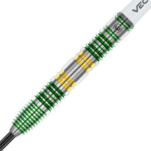 Close-up of tungsten dart barrel with green and gold rings, detailed grip texture, isolated on white background