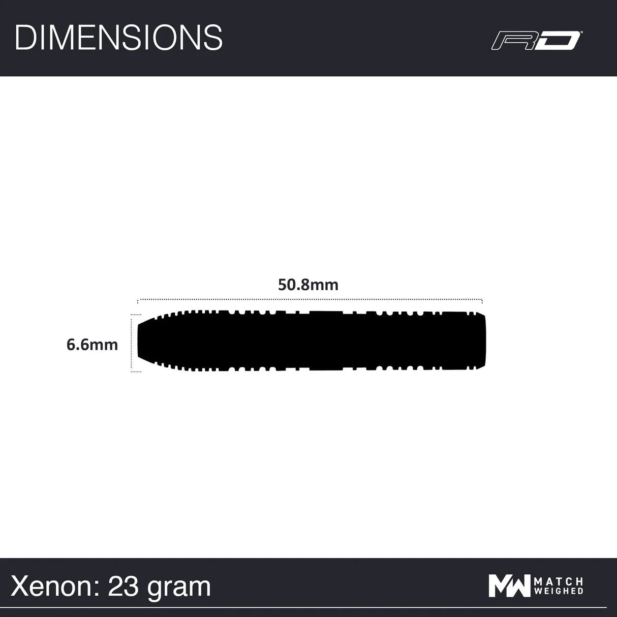 Dart barrel dimensions diagram, top-down view, showing 50.8mm length and 6.6mm diameter for 23g tungsten darts