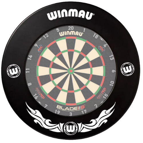 full view of black dartboard surround on standard dartboard, isolated on white, showing durable protective ring for stray dart protection