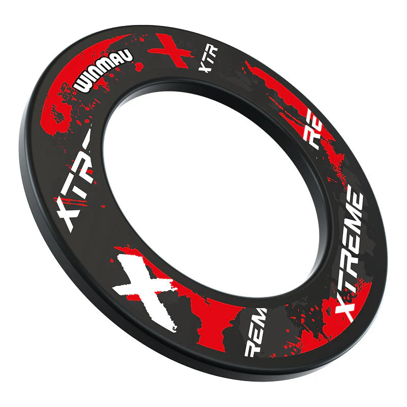 Angled view of a red and black dartboard surround ring with bold graphic design, isolated on white background for darts setup