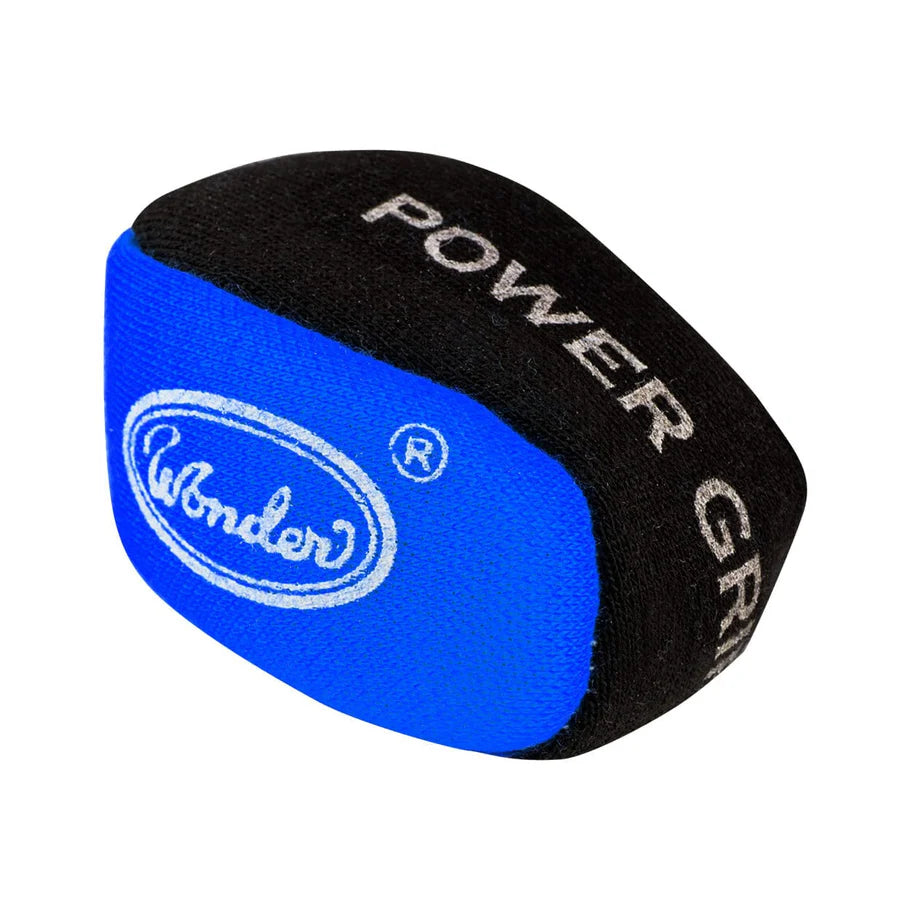 Angled close-up of Power Grip Ball for darts, blue and black fabric, textured surface, isolated on white background, grip enhancer tool