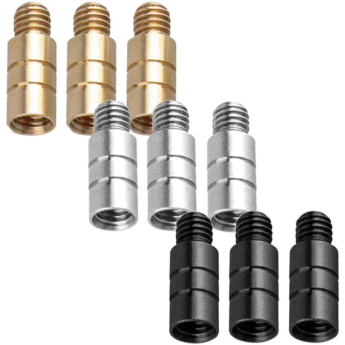 Nine dart barrel extenders in gold, silver, and black with threaded ends and grooved grip, full product view on white background