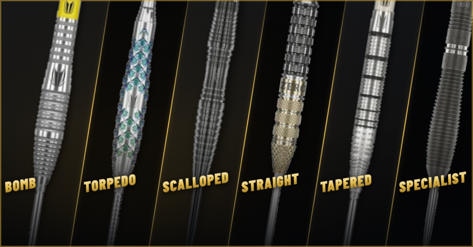 Dart barrel shapes explained - bomb, torpedo, scalloped, straight, tapered and specialist barrels shown in close-up