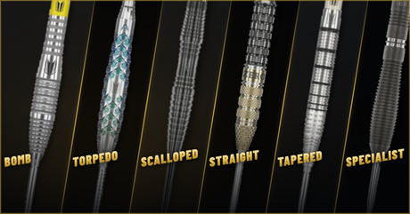 Dart barrel shapes explained - bomb, torpedo, scalloped, straight, tapered and specialist barrels shown in close-up