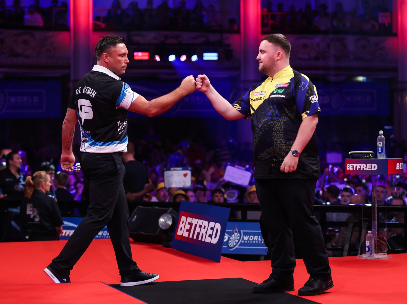 Luke Littler and Gerwyn Price at the 2026 World Matchplay final at the Winter Gardens in Blackpool